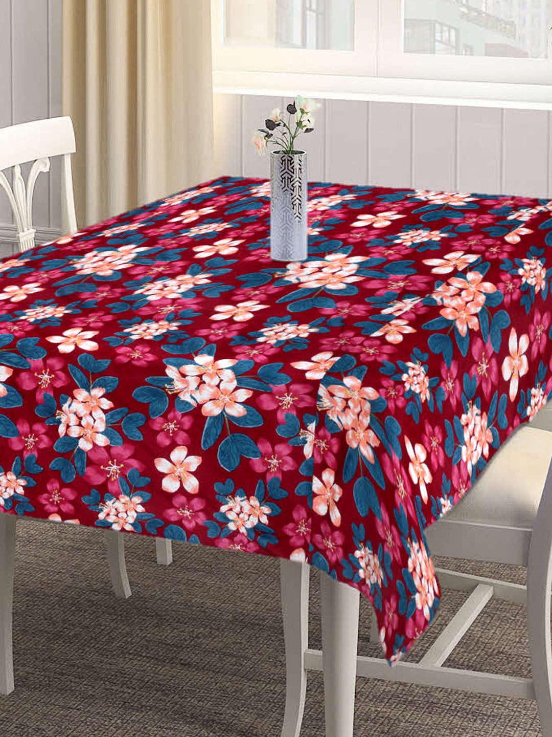 Arrabi Red Floral Cotton Blend 8 SEATER Table Cover (225 X 150 cm)