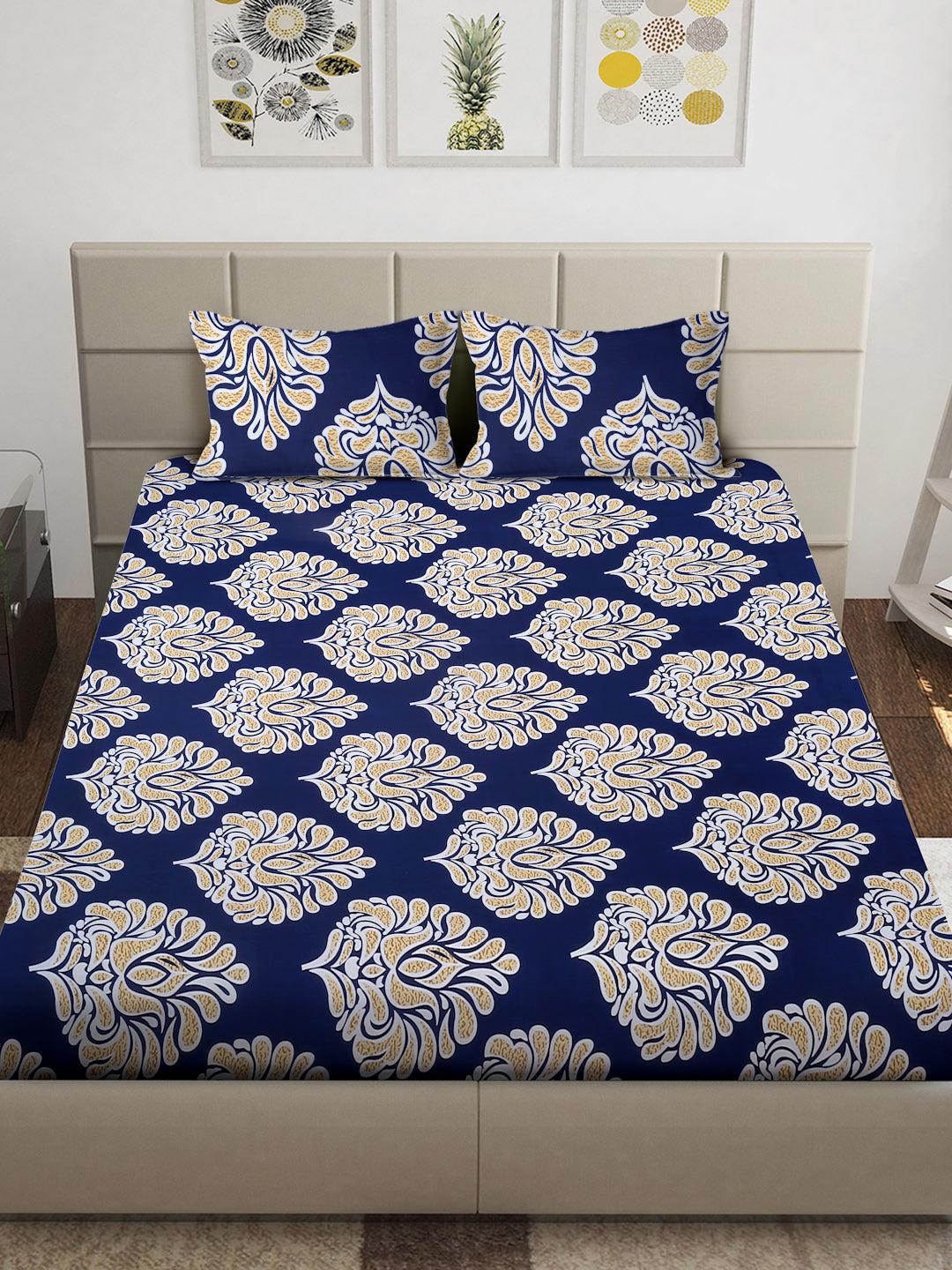 Arrabi Blue Floral TC Cotton Blend Super King Size Bedsheet with 2 Pillow Covers (270 x 260 cm)