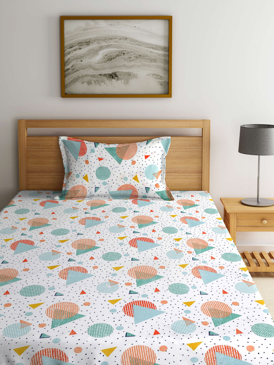 Arrabi White Geometric TC Cotton Blend Single Size Fitted Bedsheet with 1 Pillow Cover (215 X 150 cm)