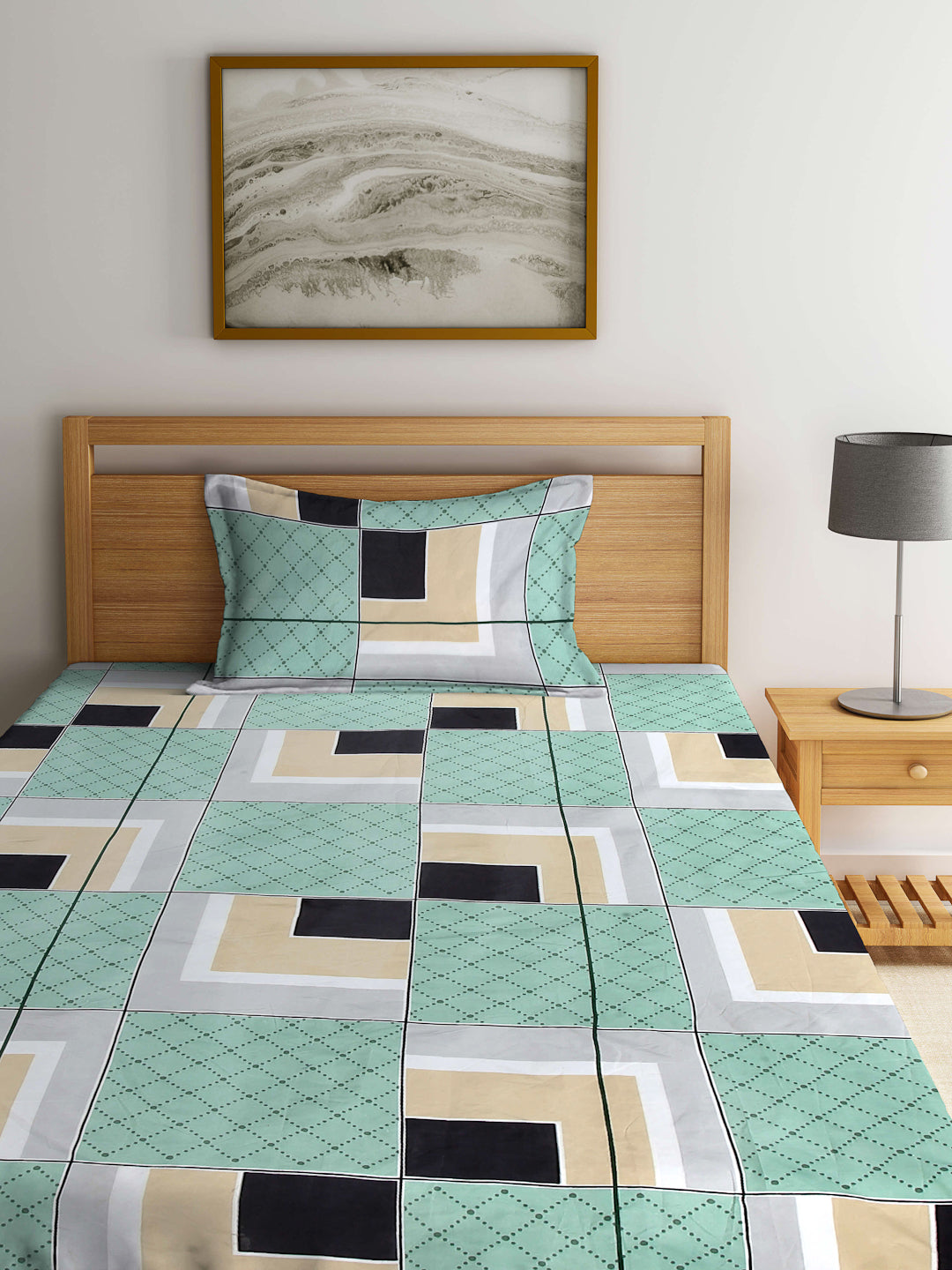 Arrabi Green Geometric TC Cotton Blend Single Size Bedsheet with 1 Pillow Cover (215 x 150 cm)
