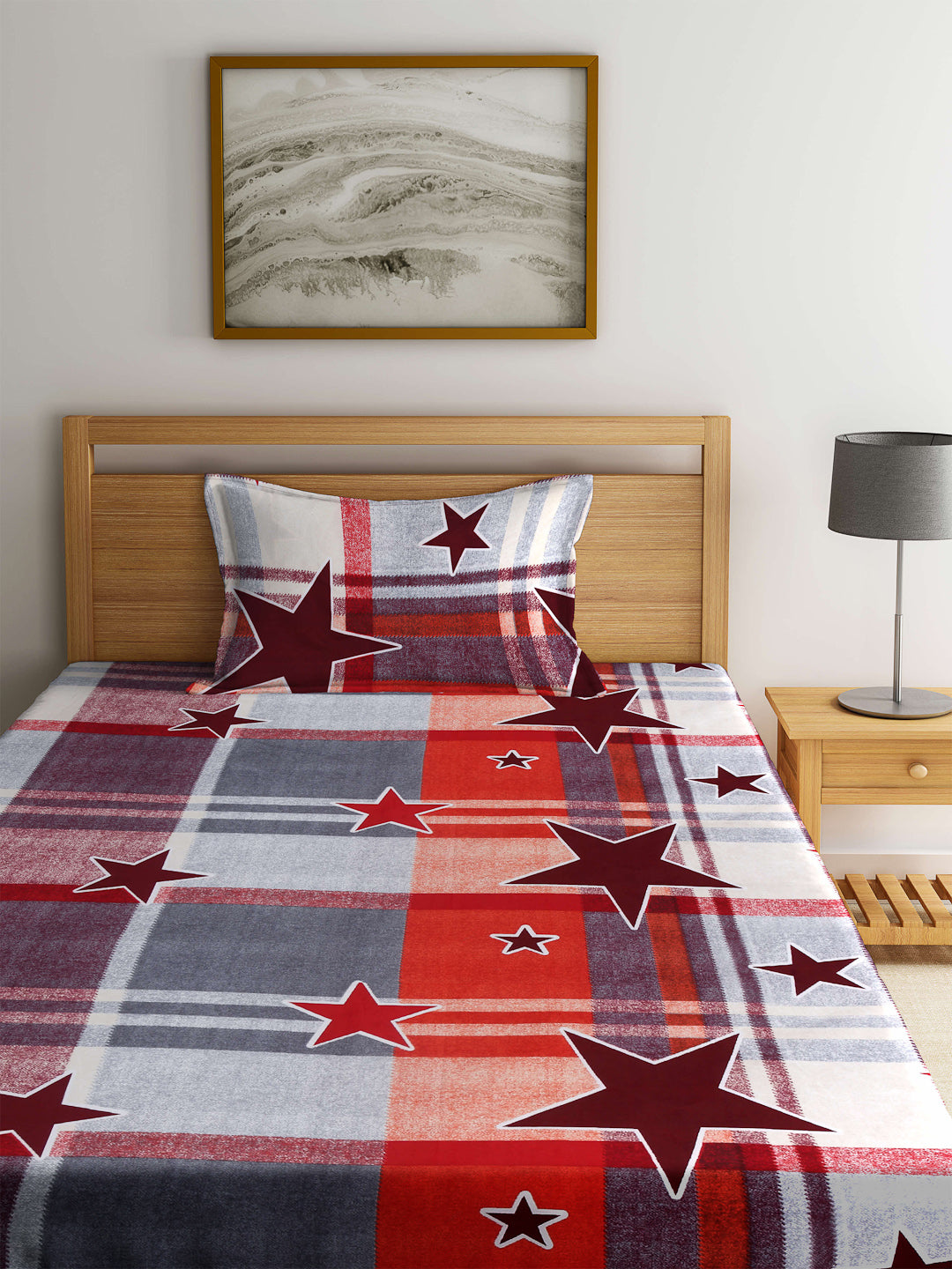 Arrabi Multi Geometric TC Cotton Blend Single Size Fitted Bedsheet with 1 Pillow Cover (220 X 150 cm)