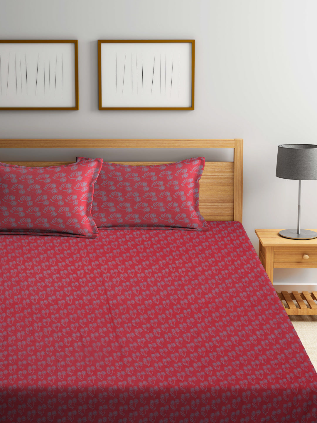 Arrabi Red Leaf Handwoven Cotton Super King Size Bedsheet with 2 Pillow Covers (270 X 270 cm)
