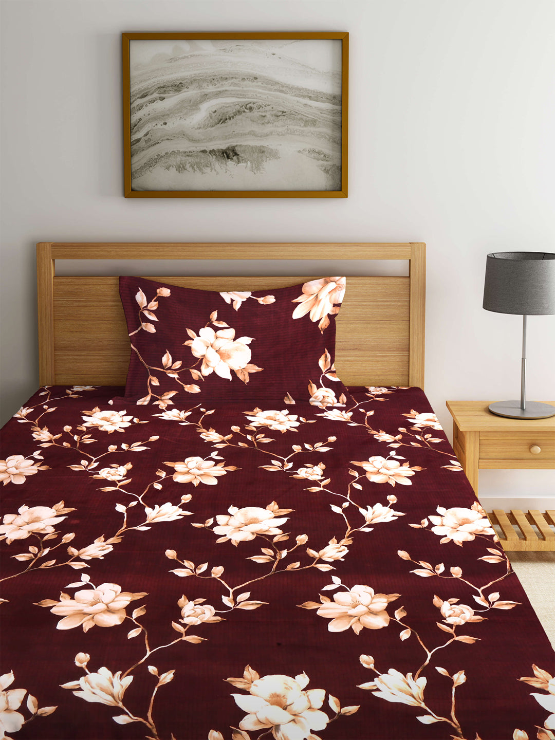 Arrabi Brown Floral TC Cotton Blend Single Size Fitted Bedsheet with 1 Pillow Cover (220 X 150 cm)