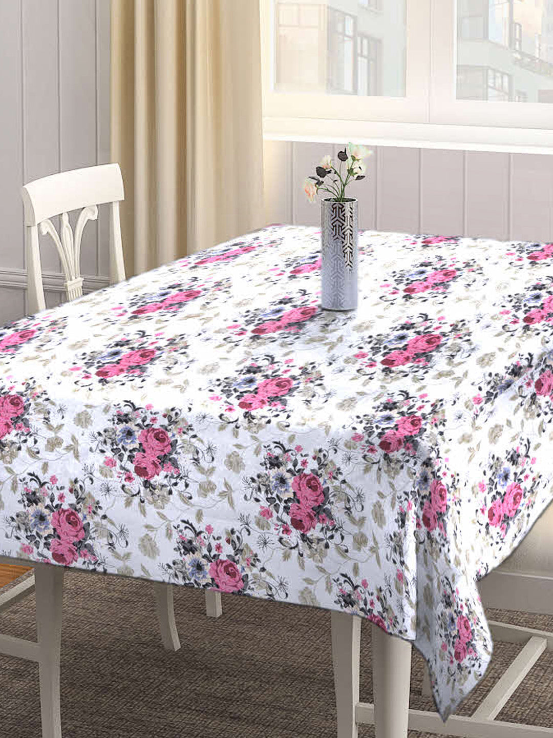 Arrabi White Floral Cotton Blend 6 SEATER Table Cover (180 X 130 cm)