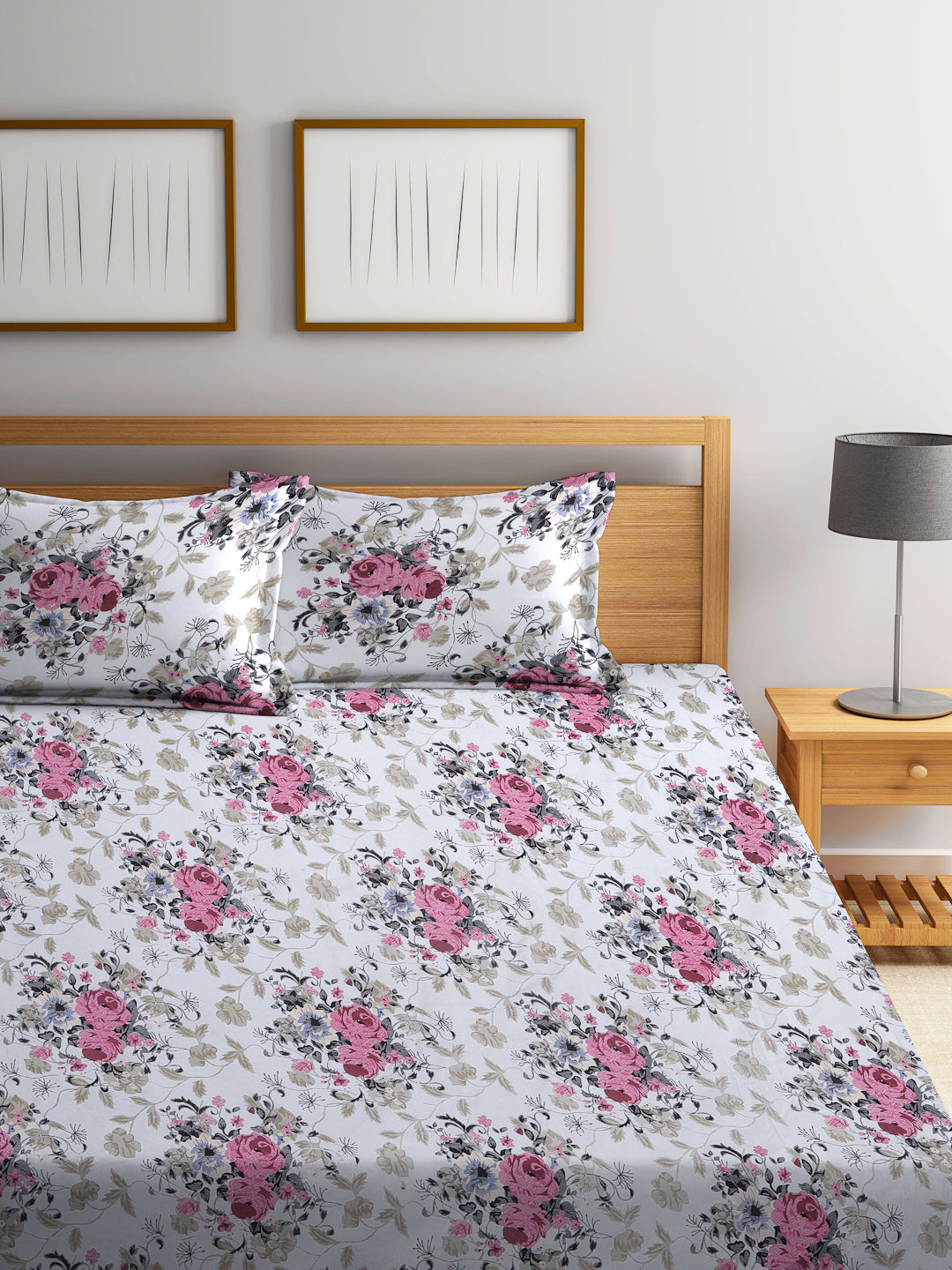 Arrabi White Floral TC Cotton Blend King Size Bookfold Bedsheet with 2 Pillow Covers (250 X 215 cm)