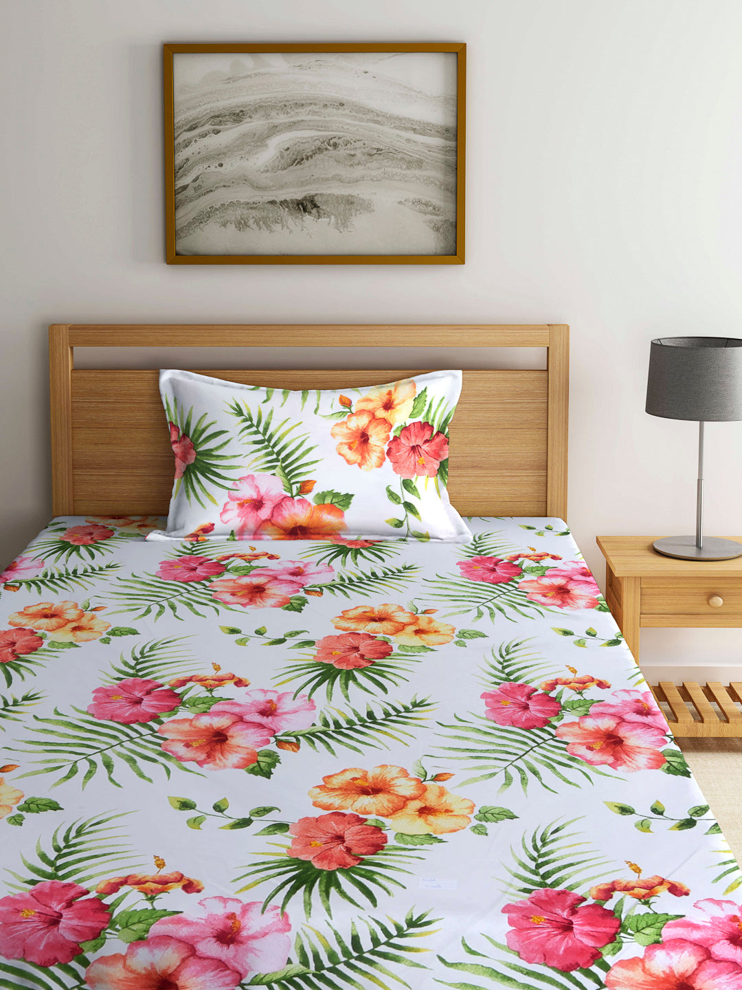 Arrabi Multi Floral TC Cotton Blend Single Size Fitted Bedsheet with 1 Pillow Cover (220 X 150 cm)