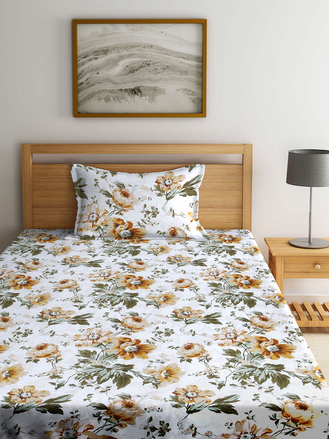 Arrabi White Floral TC Cotton Blend Single Size Fitted Bedsheet with 1 Pillow Cover (220 X 150 cm)
