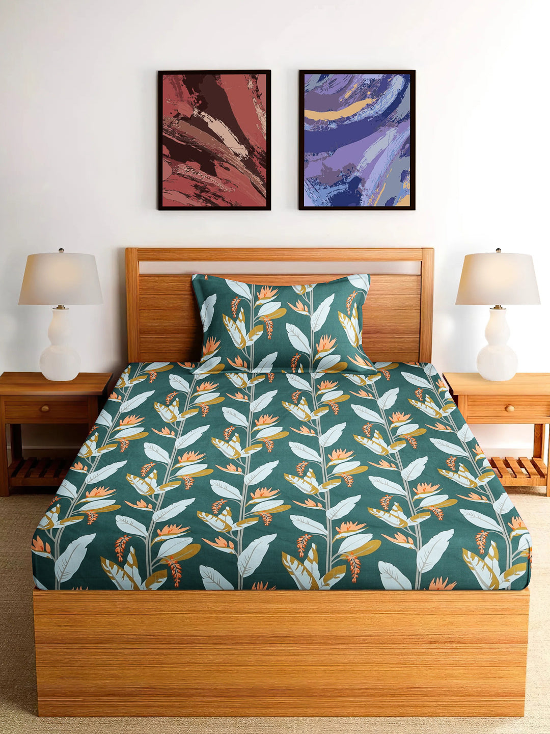 Arrabi Green Leaf TC Cotton Blend Single Size Bedsheet with 1 Pillow Cover (215 x 150 cm)