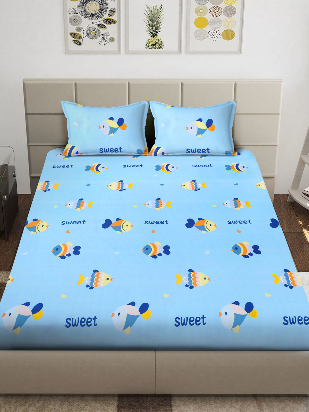 Arrabi Blue Cartoon TC Cotton Blend King Size Bedsheet with 2 Pillow Covers (250 x 215 cm)