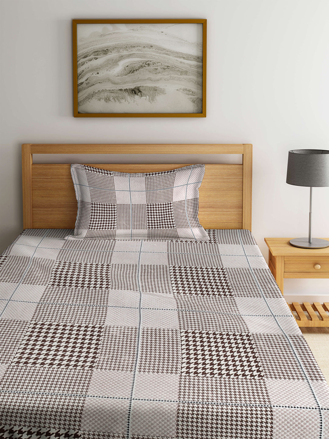 Arrabi Beige Checks TC Cotton Blend Single Size Fitted Bedsheet with 1 Pillow Cover (220 X 150 cm)