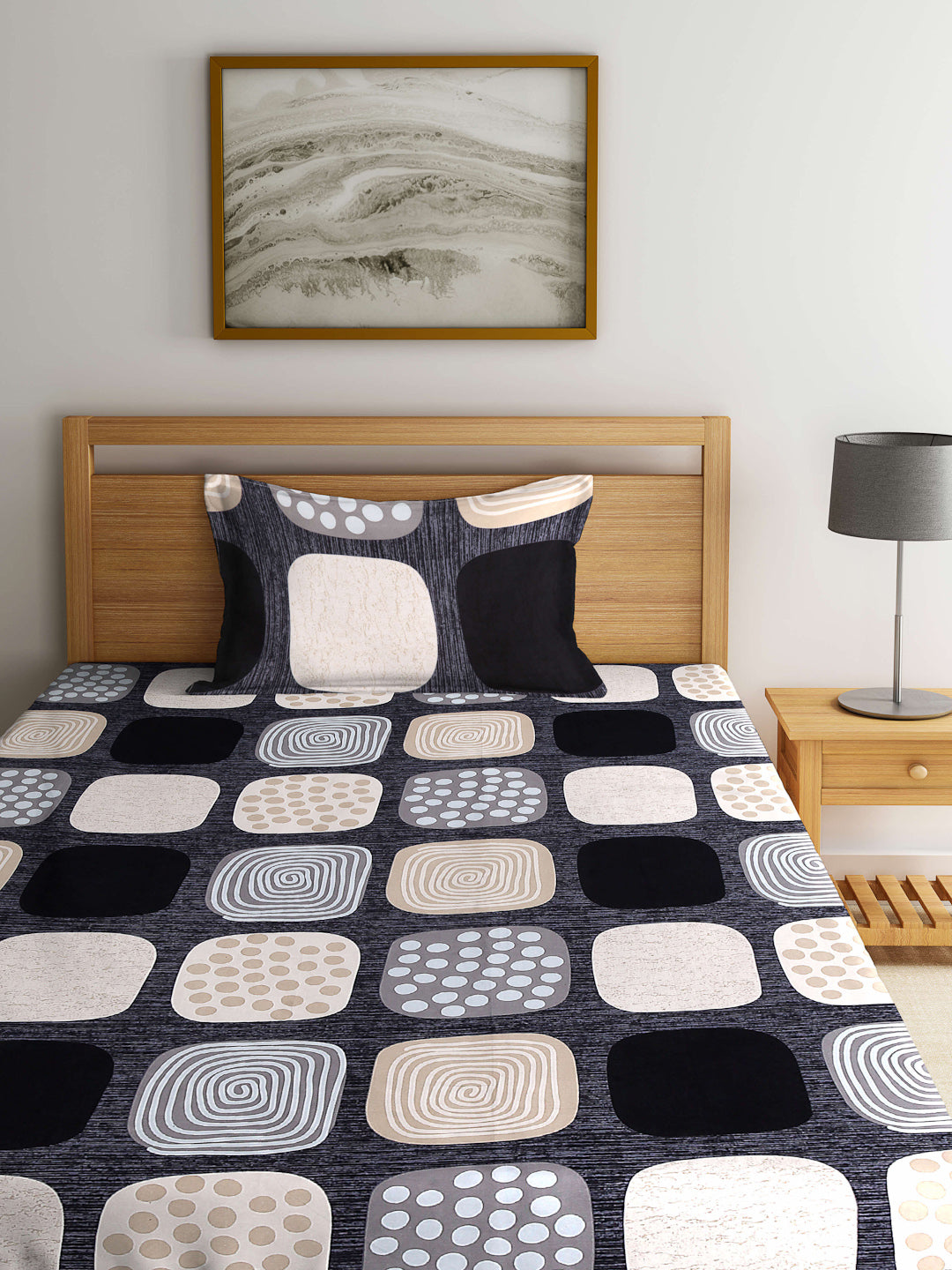Arrabi Black Abstract TC Cotton Blend Single Size Bedsheet with 1 Pillow Cover (215 x 150 cm)