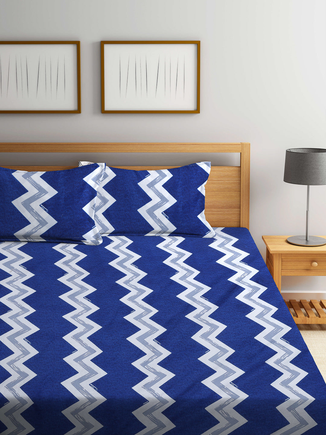 Arrabi Blue Geometric TC Cotton Blend King Size Bookfold Bedsheet with 2 Pillow Covers (250 X 215 cm)