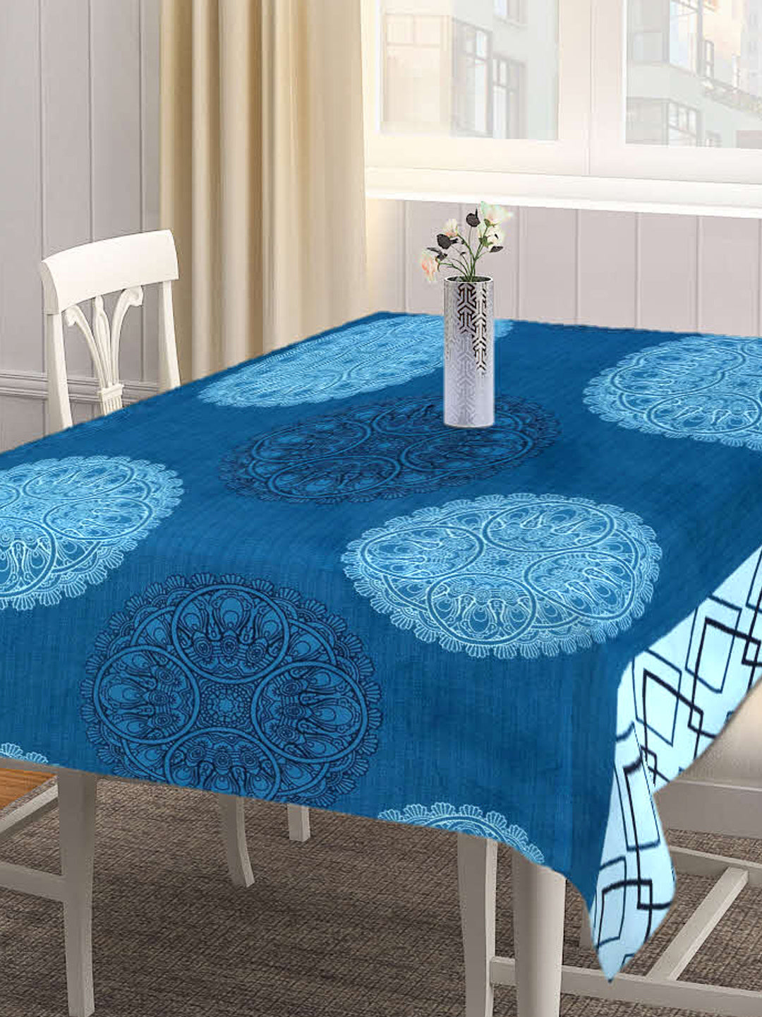 Arrabi Blue Indian Cotton Blend 8 SEATER Table Cover (215 X 150 cm)