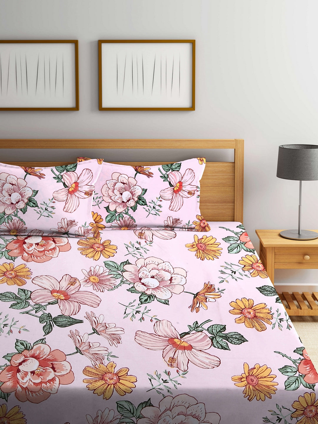 Arrabi Pink Floral TC Cotton Blend King Size Bookfold Bedsheet with 2 Pillow Covers (250 X 215 cm)