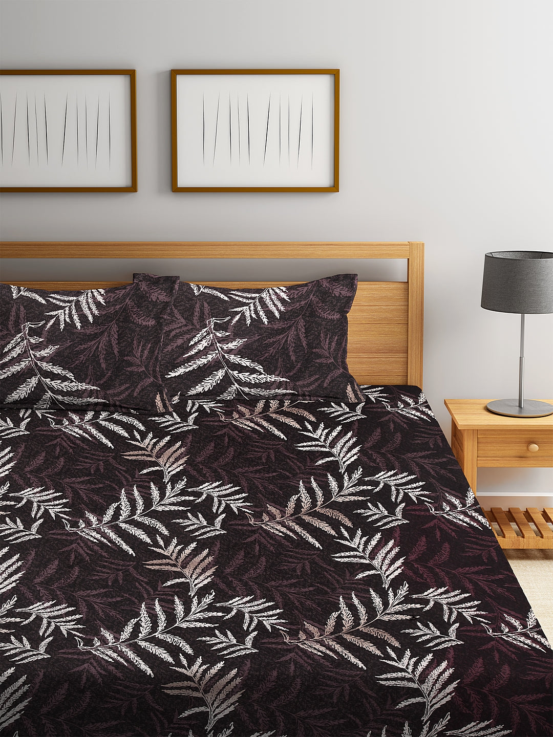 Arrabi Brown Leaf TC Cotton Blend King Bedsheet with 2 Pillow Cover (250 x 220 cm)