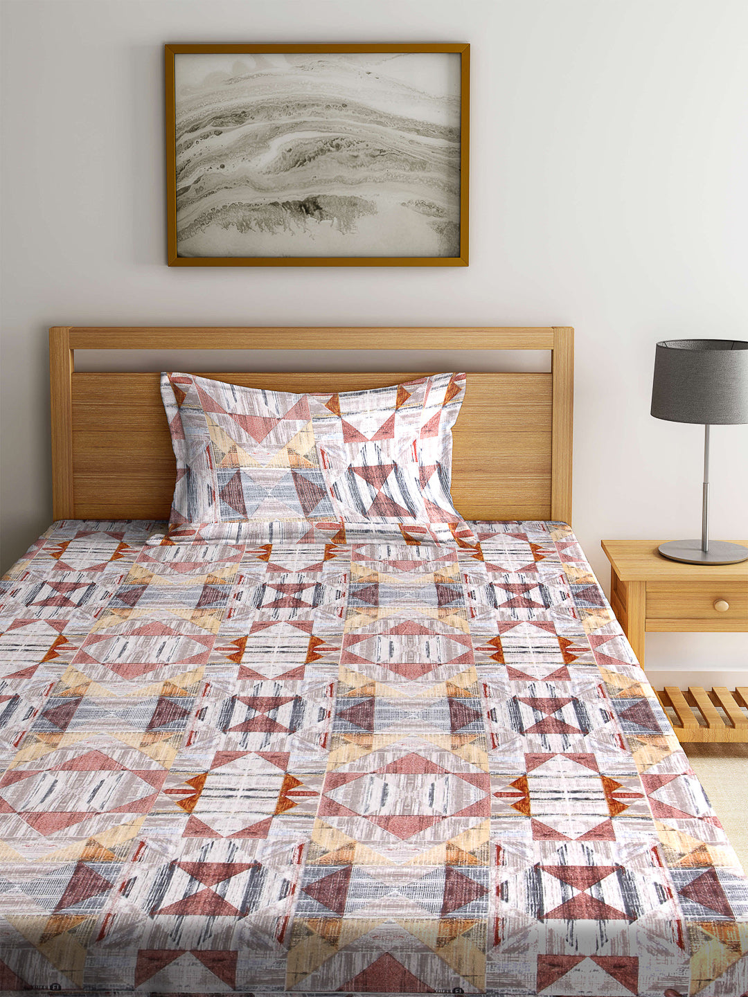 Arrabi Multi Geometric TC Cotton Blend Single Size Fitted Bedsheet with 1 Pillow Cover (220 X 150 cm)
