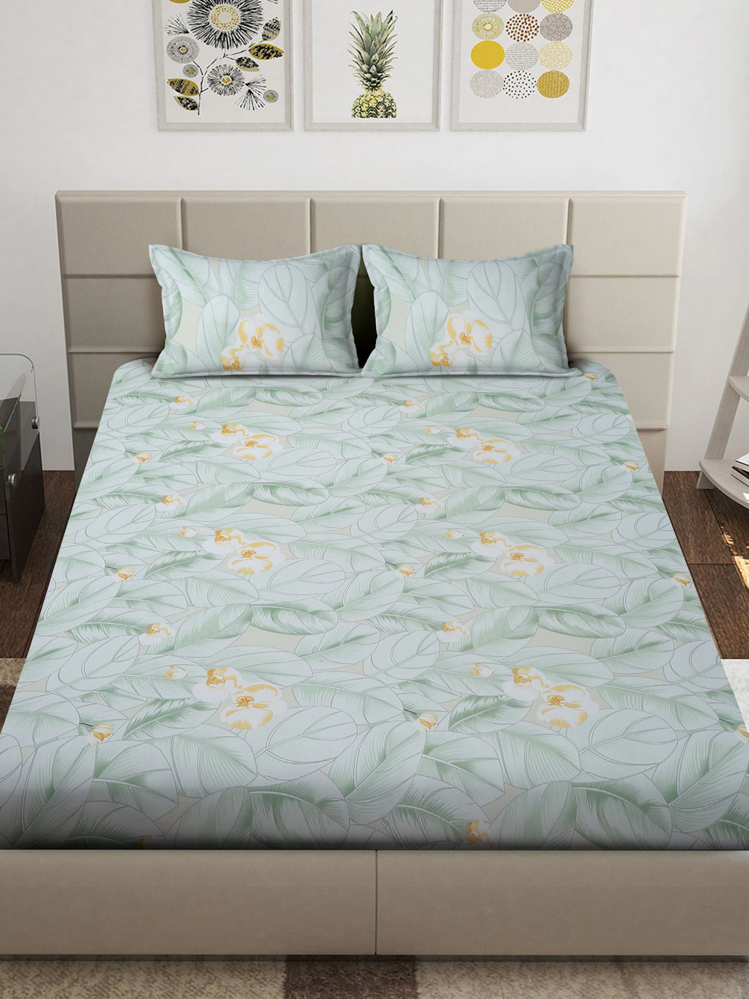 Arrabi Green Floral TC Cotton Blend King Size Bedsheet with 2 Pillow Covers (250 x 215 cm)