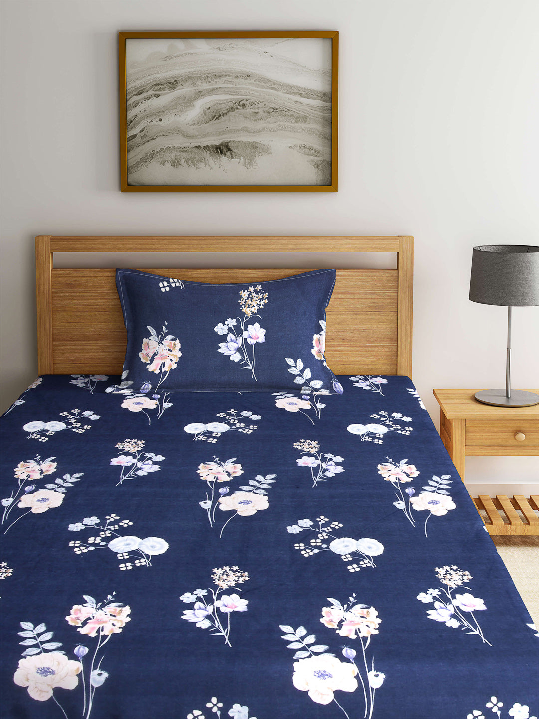 Arrabi Blue Leaf TC Cotton Blend Single Size Fitted Bedsheet with 1 Pillow Cover (220 X 150 cm)