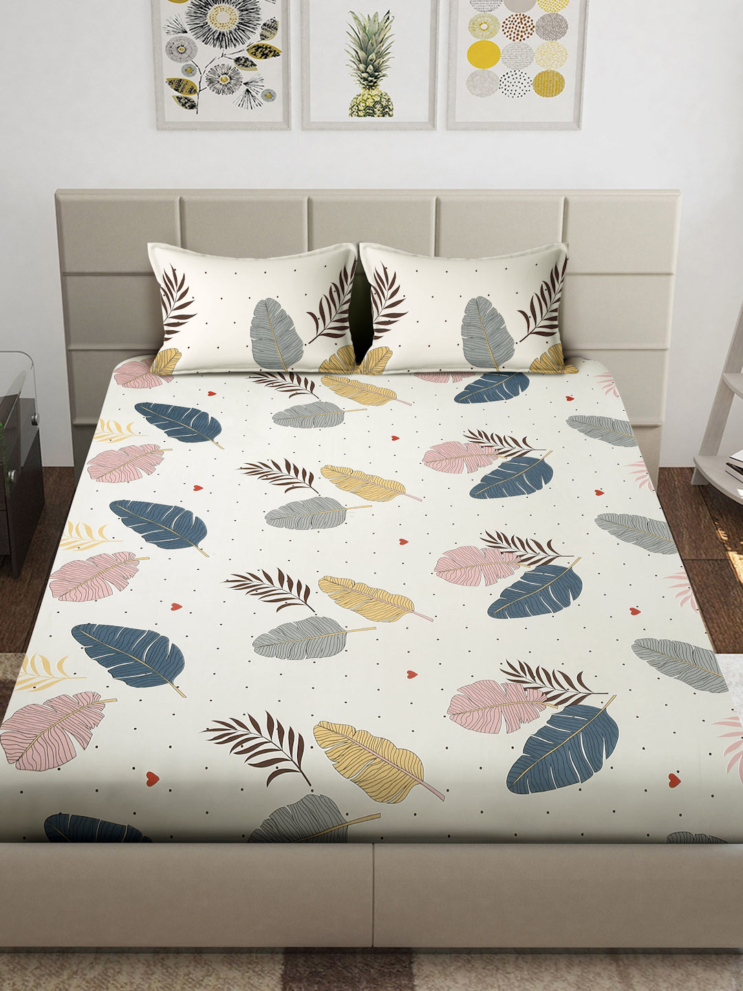 Arrabi Cream Leaf TC Cotton Blend King Size Bedsheet with 2 Pillow Covers (250 x 215 cm)