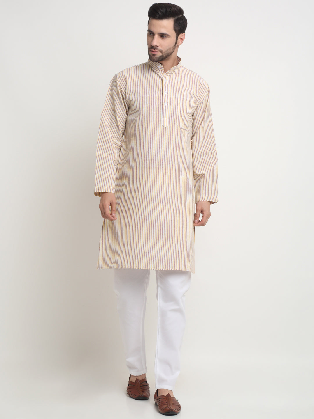 Arrabi Men Multi Pure Cotton Striped Kurta Pyjama Set with Pockets
