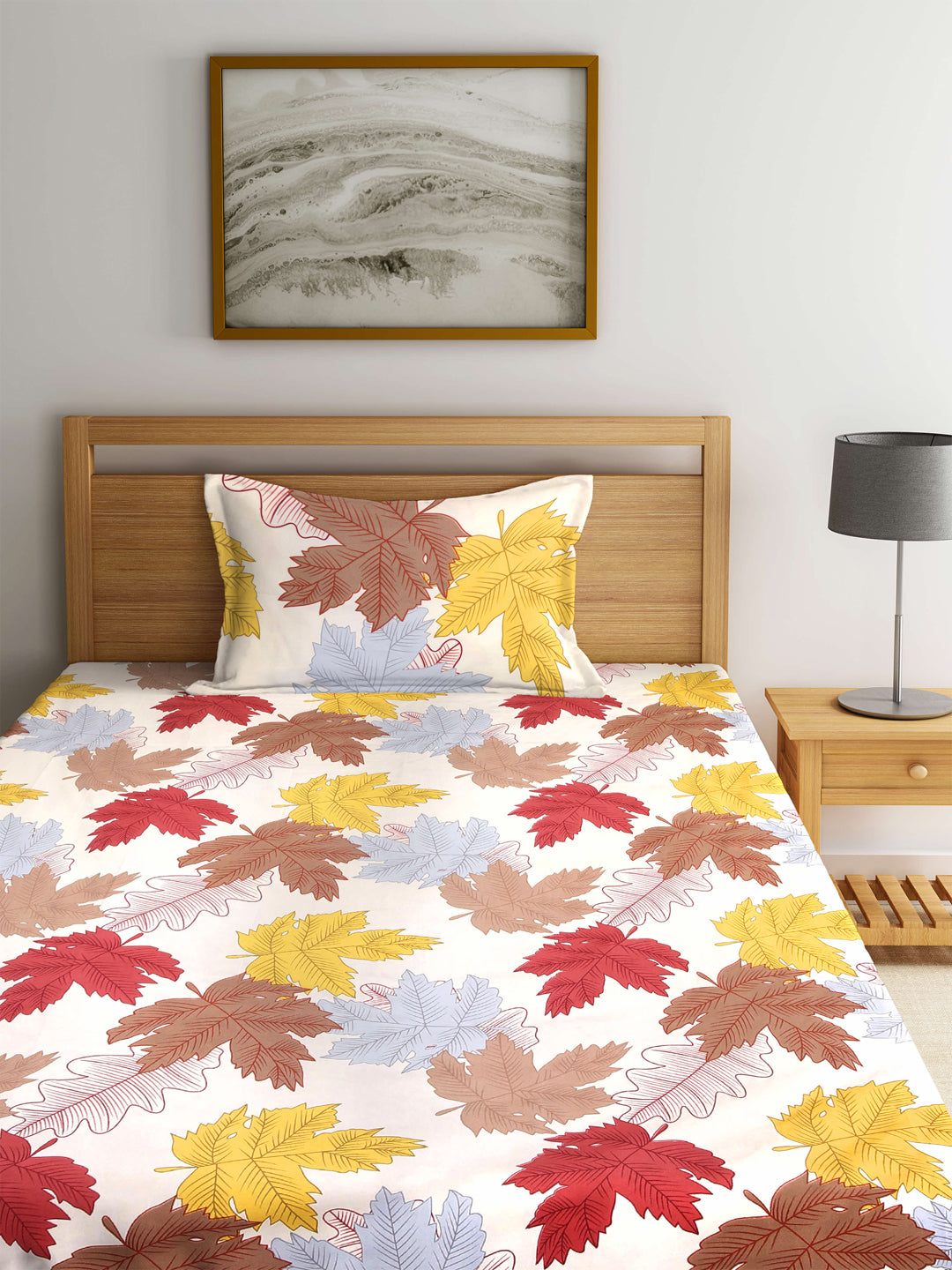 Arrabi Multi Leaf TC Cotton Blend Single Size Bedsheet with 1 Pillow Cover (215 x 150 cm)