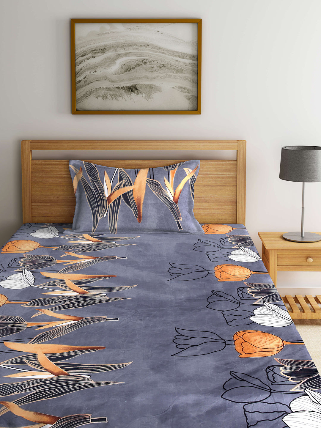Arrabi Grey Floral TC Cotton Blend Single Size Bedsheet with 1 Pillow Cover (215 x 150 cm)