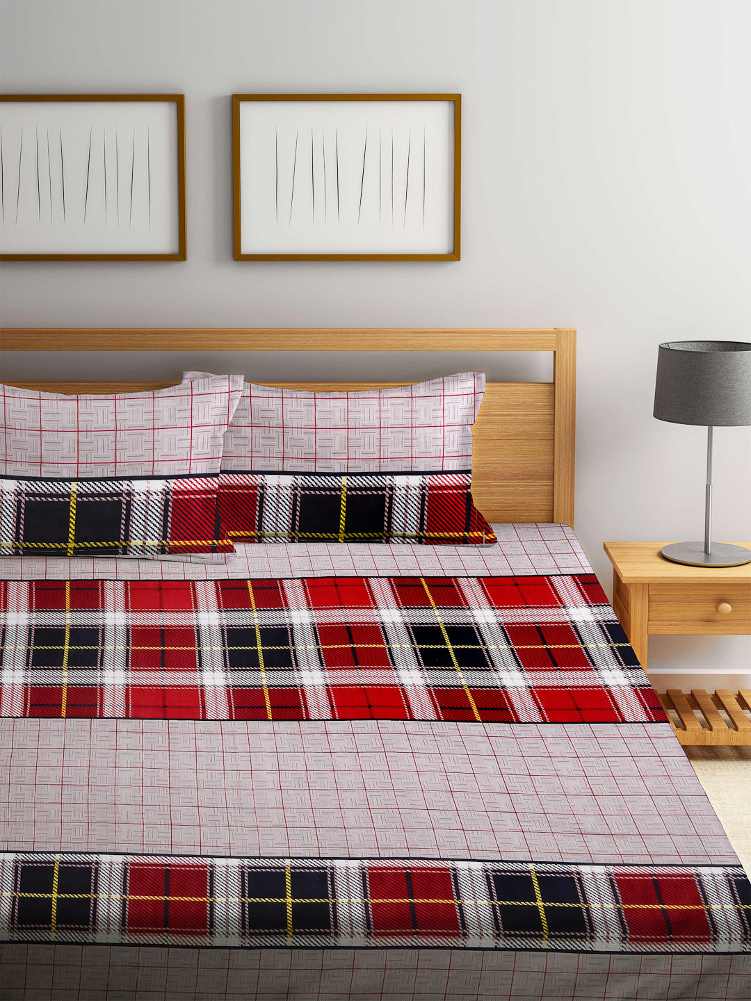 Arrabi Grey Check TC Cotton Blend Super King Size Bedsheet with 2 Pillow Cover (270 x 260 cm)
