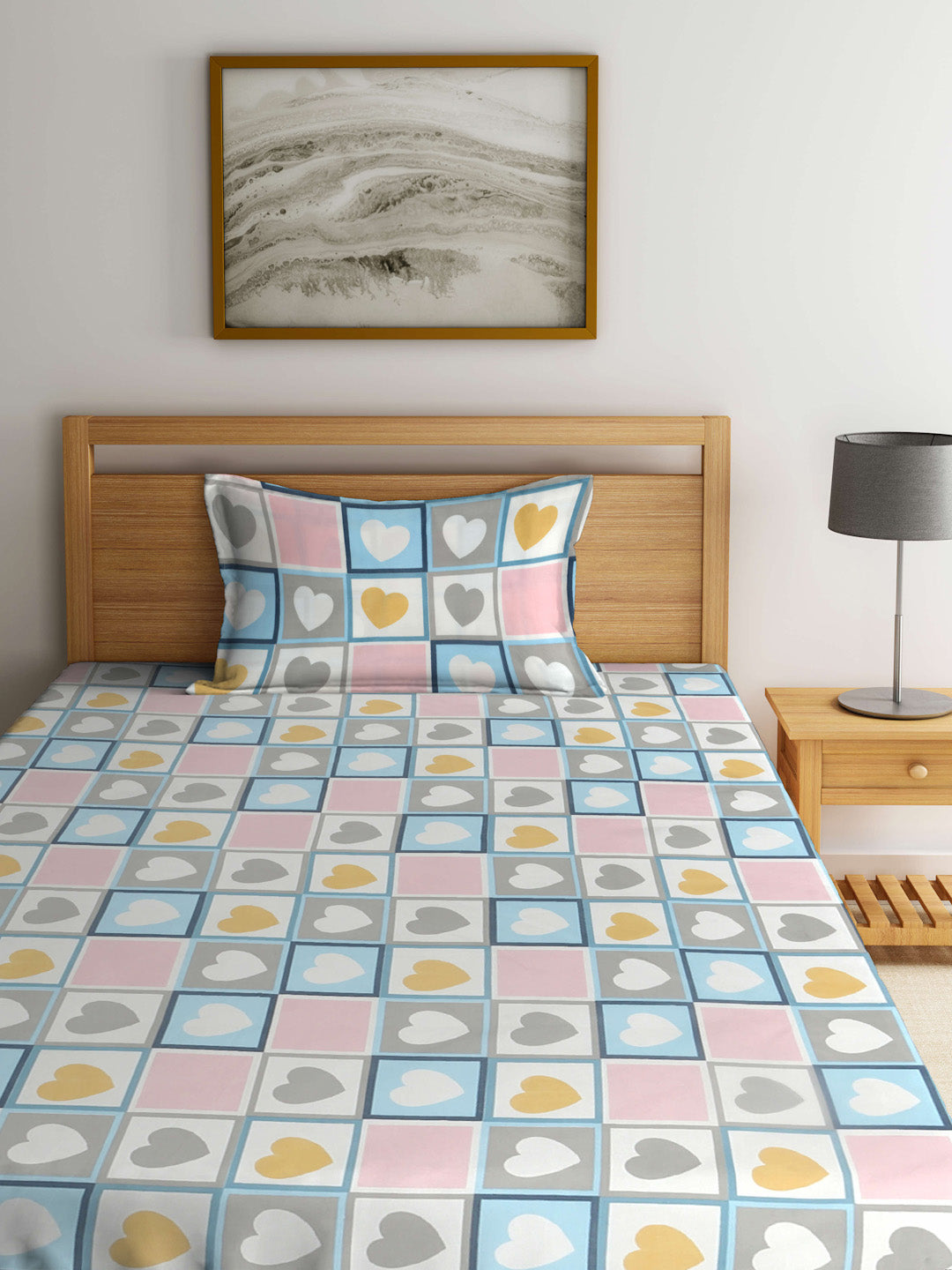 Arrabi Multi Geometric TC Cotton Blend Single Size Fitted Bedsheet with 1 Pillow Cover (215 x 150 cm)