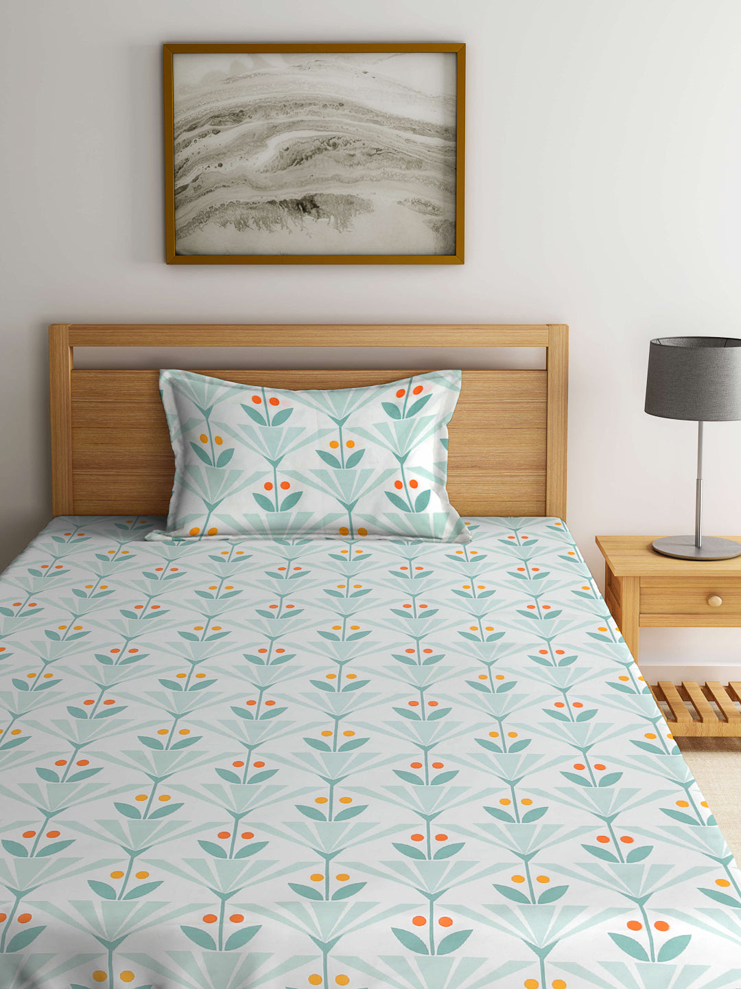 Arrabi Green Floral TC Cotton Blend Single Size Fitted Bedsheet with 1 Pillow Cover (215 X 150 cm)