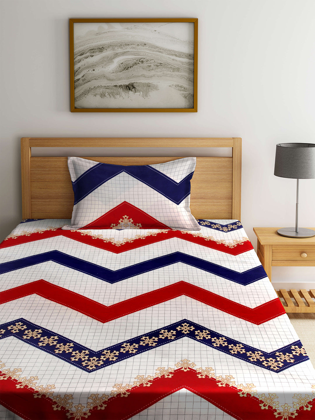 Arrabi Beige Graphic TC Cotton Blend Single Size Fitted Bedsheet with 1 Pillow Cover (220 X 150 cm)