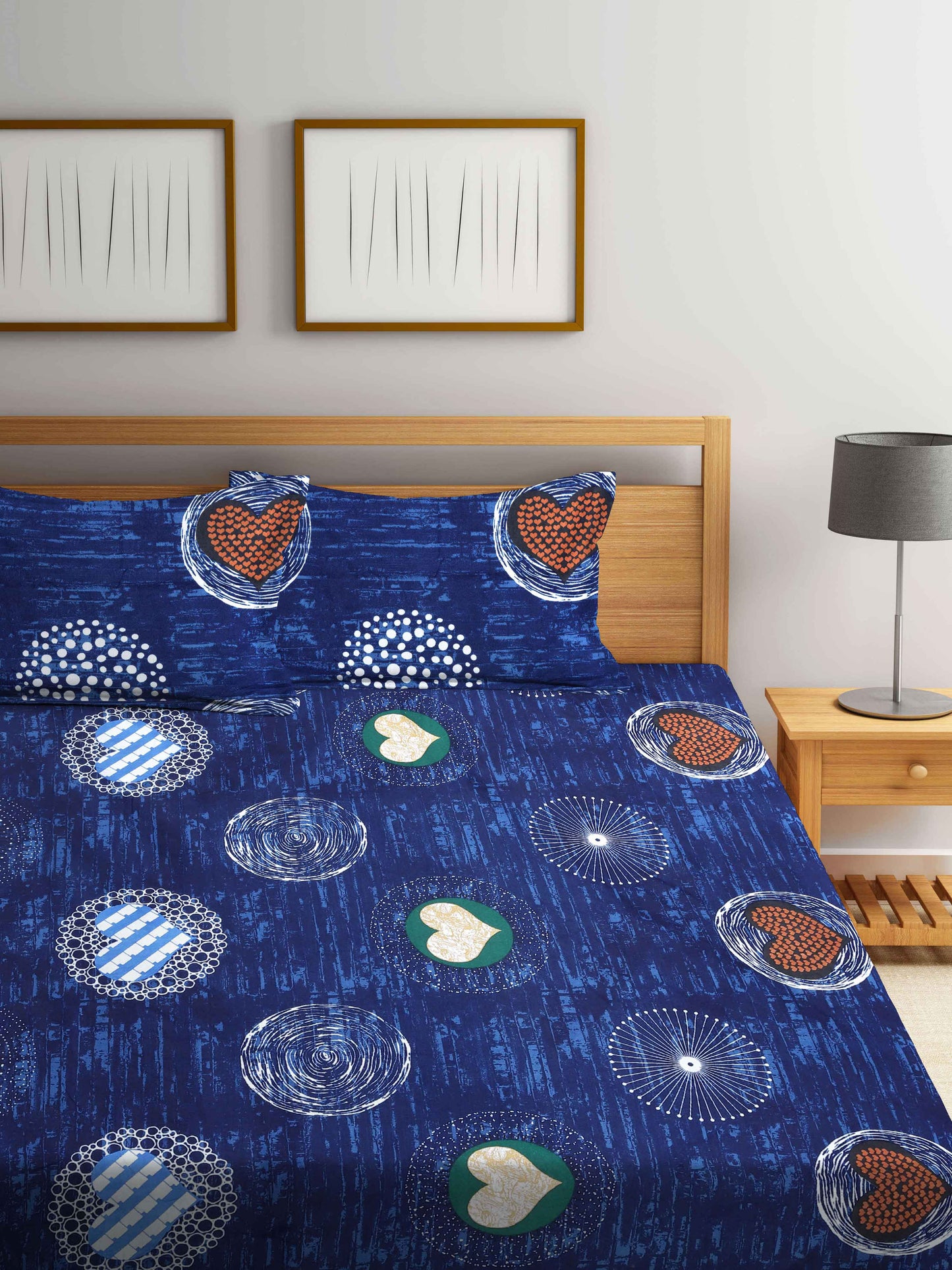 Arrabi Blue Graphic TC Cotton Blend King Size Bookfold Bedsheet with 2 Pillow Covers (250 X 215 cm)