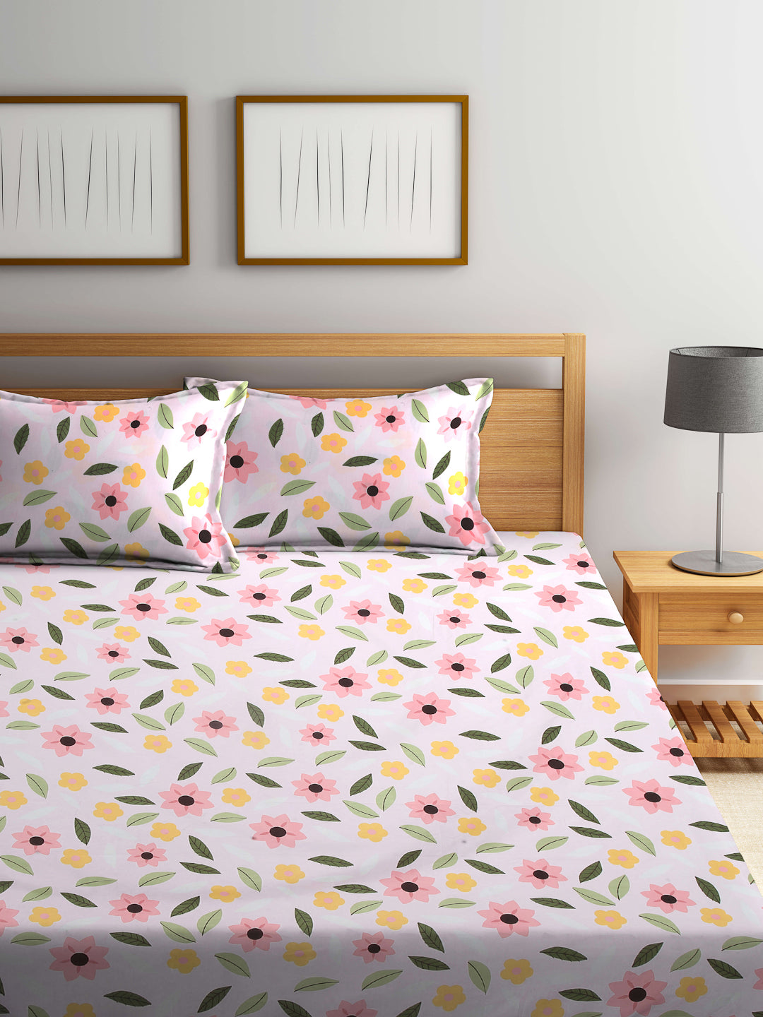 Arrabi Pink Floral TC Cotton Blend King Size Bookfold Bedsheet with 2 Pillow Covers (250 X 215 cm)