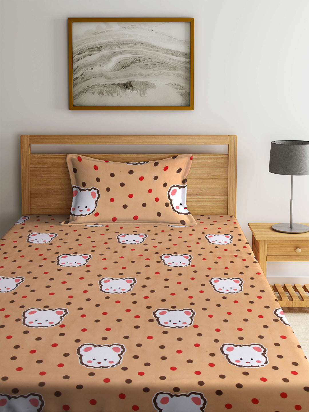 Arrabi Brown Cartoon TC Cotton Blend Single Size Fitted Bedsheet with 1 Pillow Cover (220 X 150 cm)