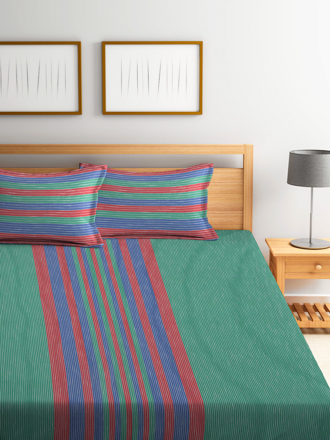 Arrabi Multi Stripes Handwoven Cotton Super King Size Bedsheet with 2 Pillow Covers (270 X 270 cm)