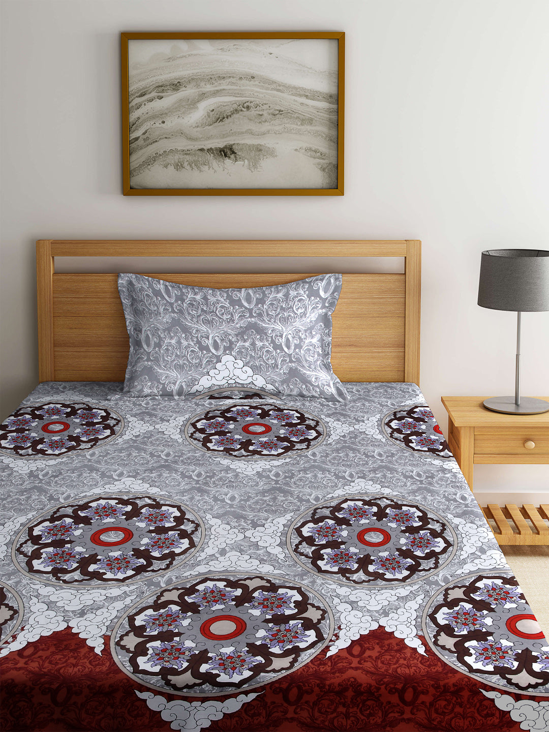 Arrabi Grey Indian TC Cotton Blend Single Size Fitted Bedsheet with 1 Pillow Cover (220 X 150 cm)