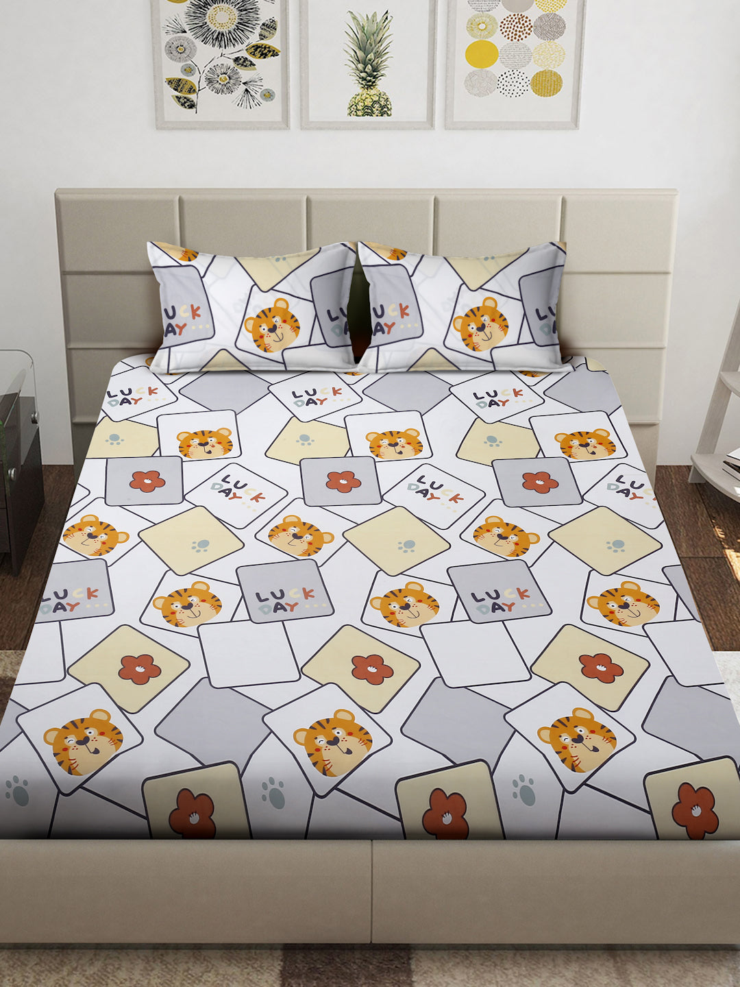 Arrabi White Cartoon TC Cotton Blend King Size Bedsheet with 2 Pillow Covers (250 x 215 cm)