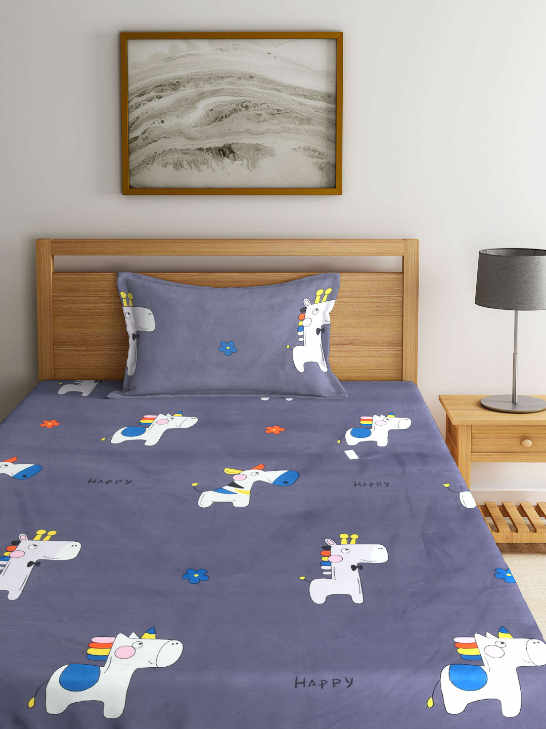 Arrabi Grey Cartoon TC Cotton Blend Single Size Bedsheet with 1 Pillow Cover (215 x 150 cm)