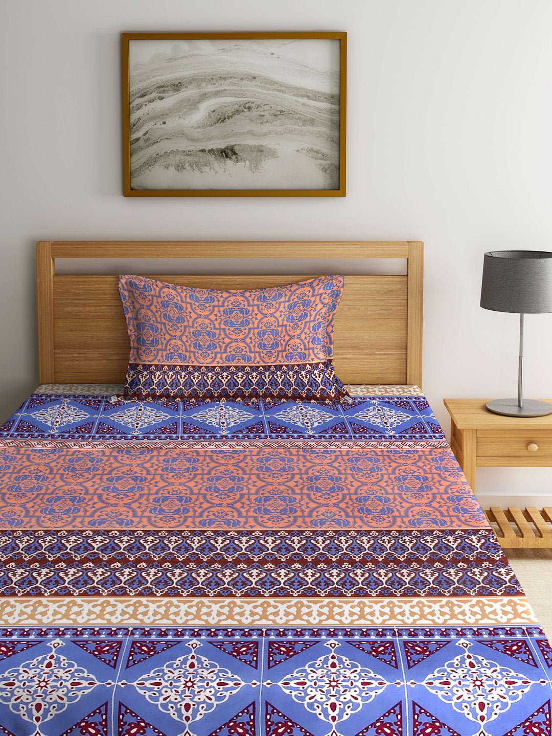 Arrabi Multi Indian TC Cotton Blend Single Size Fitted Bedsheet with 1 Pillow Cover (215 X 150 cm)