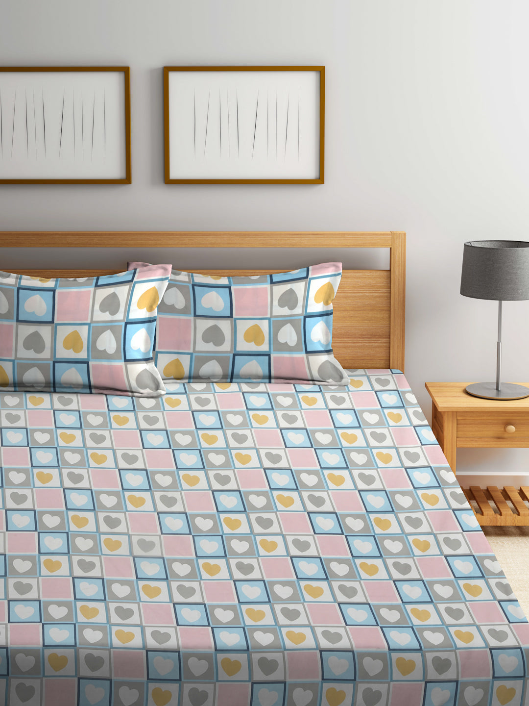 Arrabi Multi Geometric TC Cotton Blend Super King Size Bedsheet with 2 Pillow Covers (270 X 260 cm)
