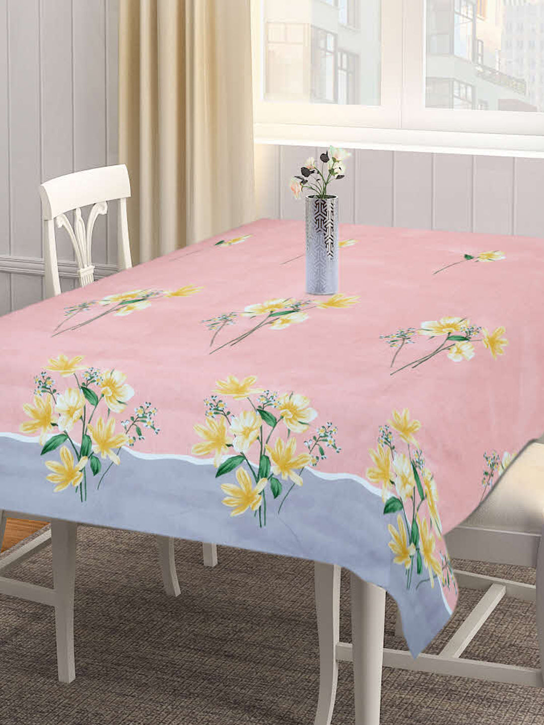 Arrabi Peach Floral Cotton Blend 6 SEATER Table Cover (180 X 130 cm)