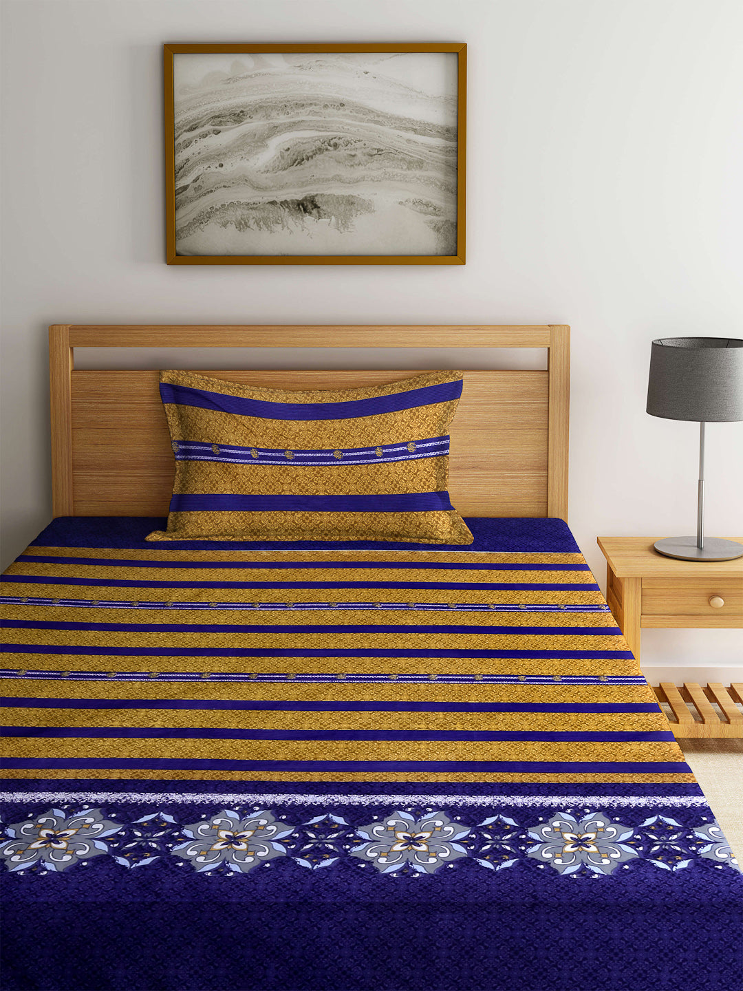 Arrabi Multi Stripes TC Cotton Blend Single Size Fitted Bedsheet with 1 Pillow Cover (220 X 150 cm)