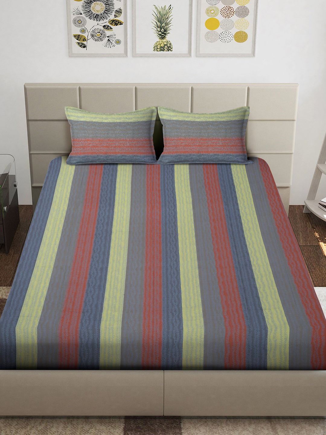 Arrabi Multi Stripes Handwoven Cotton King Size Bedsheet with 2 Pillow Covers (260 x 230 cm)
