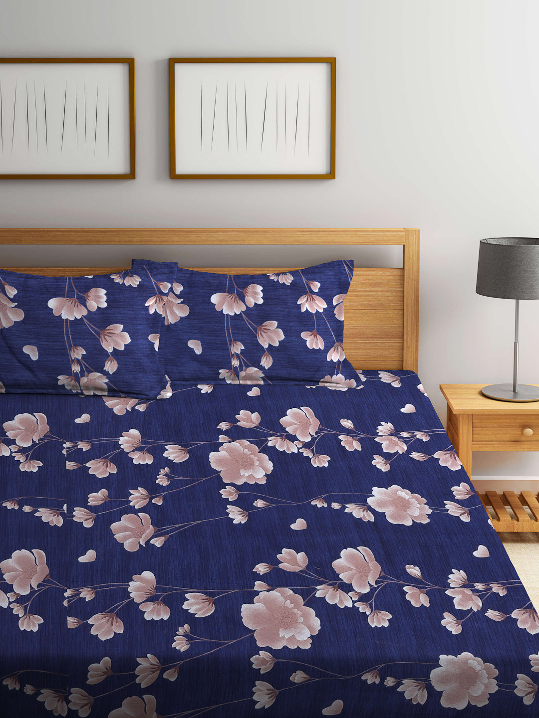 Arrabi Blue Floral TC Cotton Blend King Size Bookfold Bedsheet with 2 Pillow Covers (250 X 215 cm)