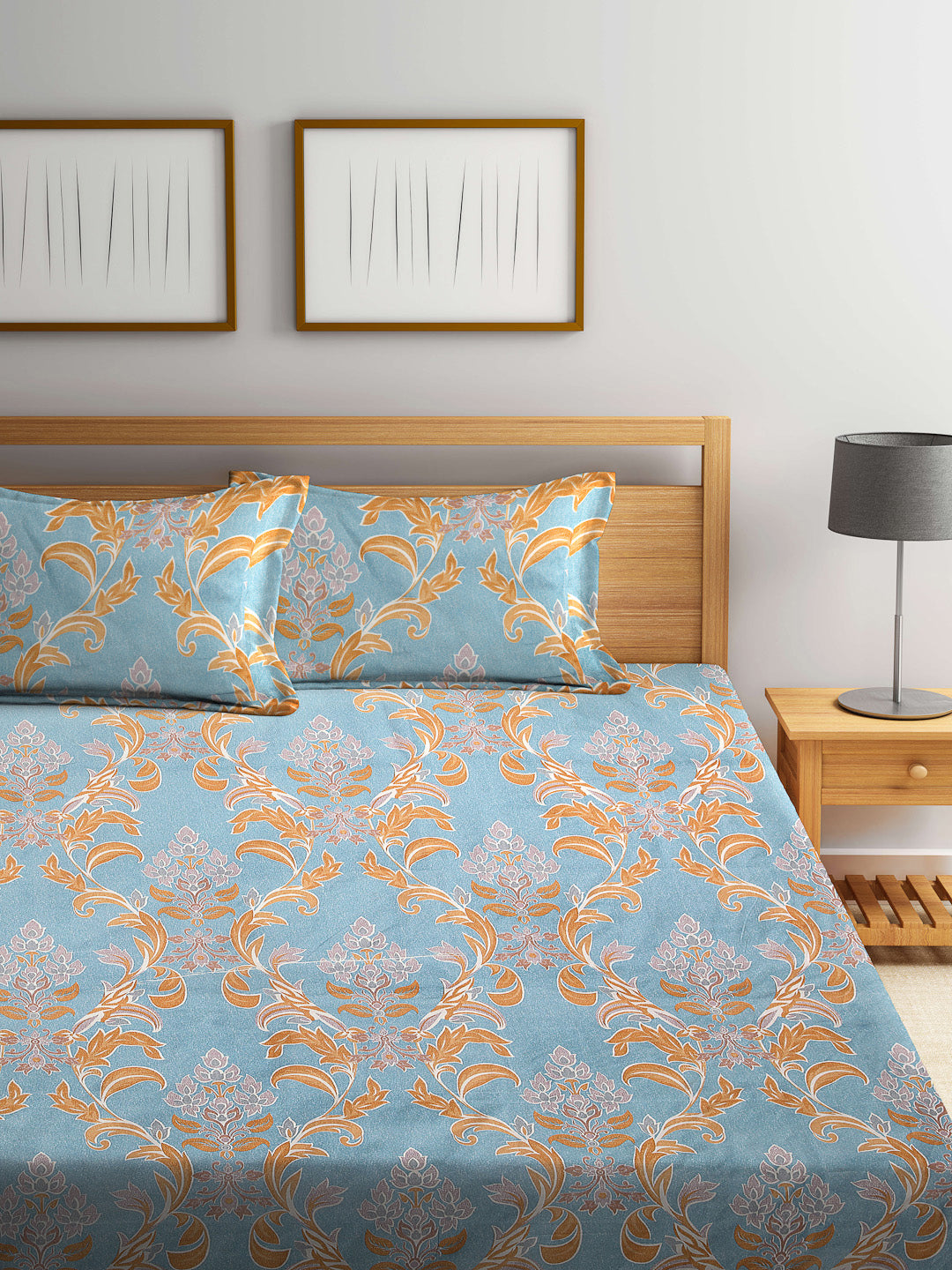 Arrabi Blue Indian TC Cotton Blend Super King Size Bookfold Bedsheet with 2 Pillow Covers (270 X 260 cm)