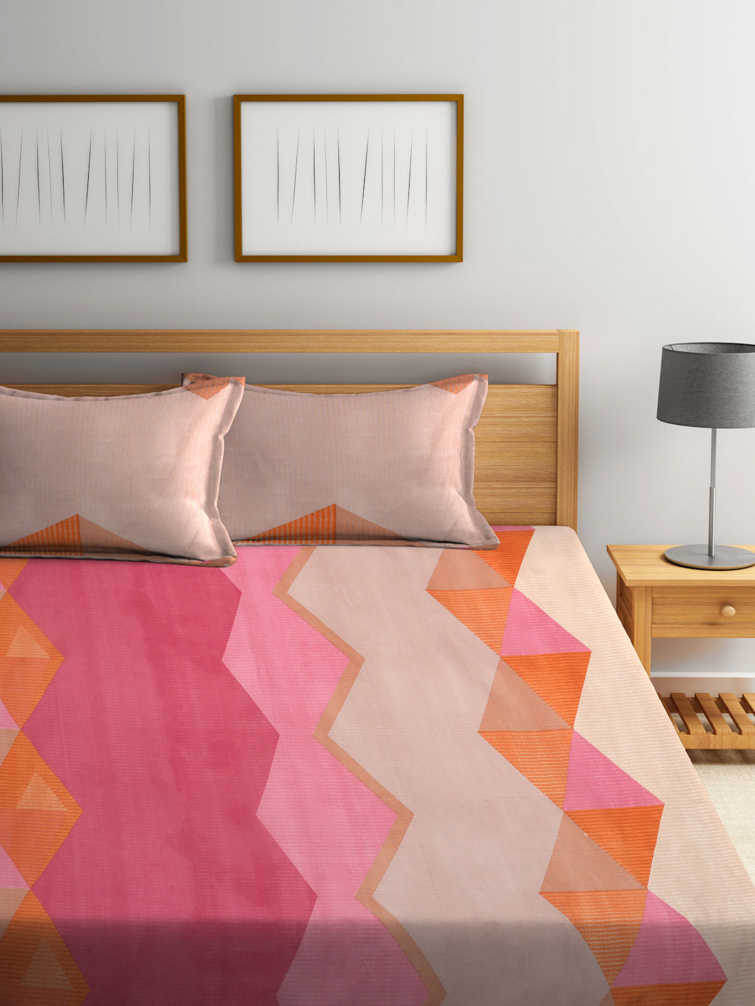 Arrabi Multi Geometric TC Cotton Blend Super King Size Fitted Bedsheet with 2 Pillow Covers (270 X 260 Cm )