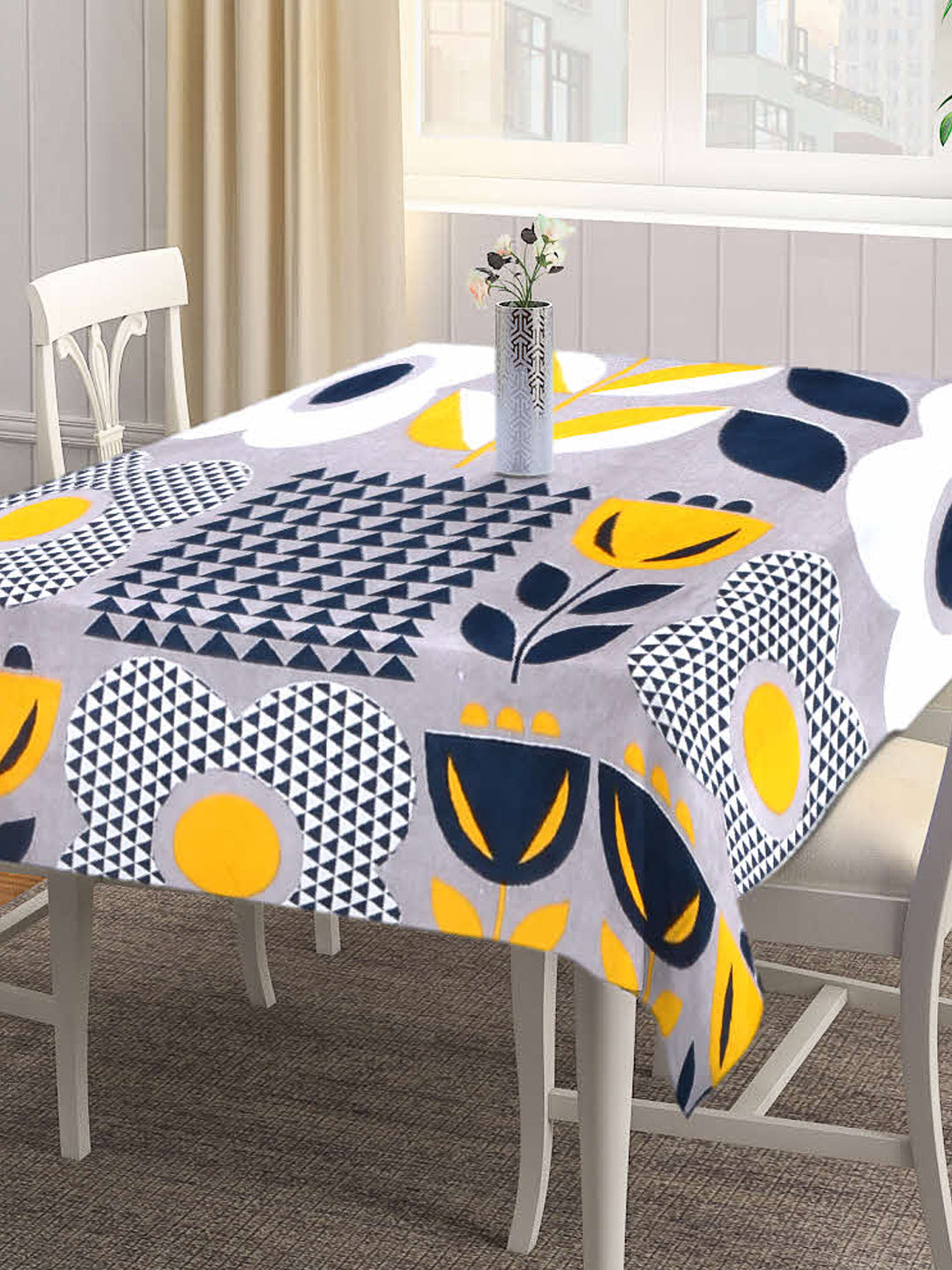 Arrabi Grey Geometric Cotton Blend 8 SEATER Table Cover (225 X 150 cm)
