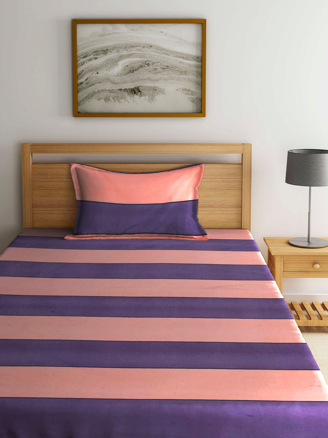 Arrabi Peach Stripes TC Cotton Blend Single Size Fitted Bedsheet with 1 Pillow Cover (220 X 150 cm)