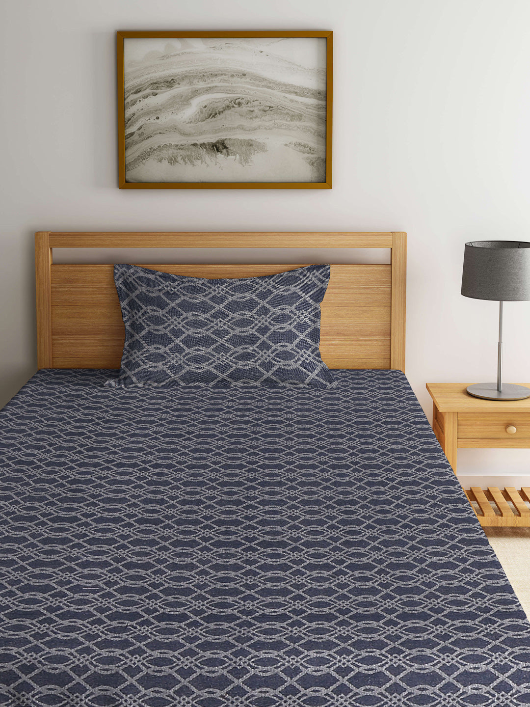 Arrabi Black Geometric Handwoven Cotton Single Size Bedsheet with 1 Pillow Cover (225 x 150 cm)
