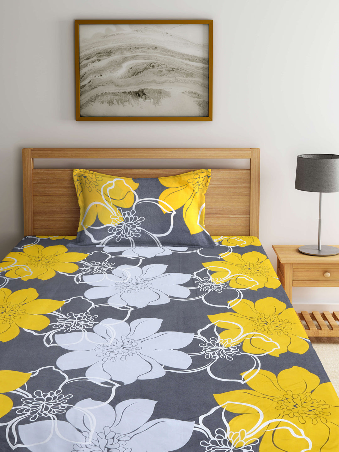 Arrabi Grey Floral TC Cotton Blend Single Size Bedsheet with 1 Pillow Cover (215 X 150 cm)