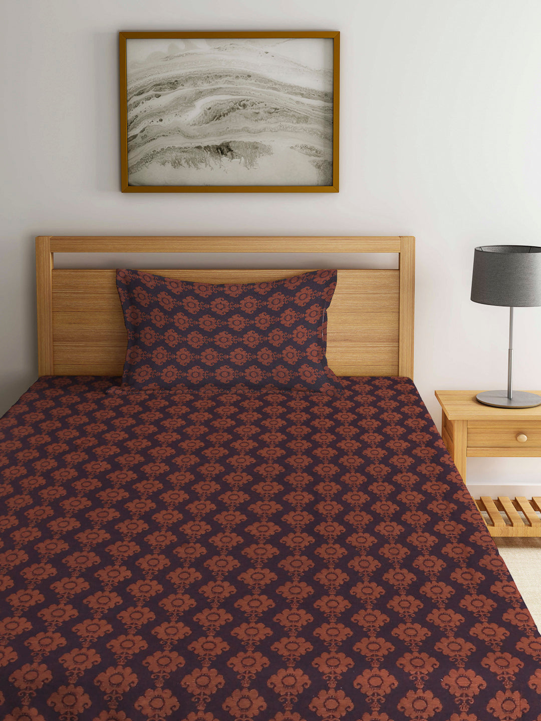 Arrabi Brown Indian Handwoven Cotton Single Size Bedsheet with 1 Pillow Cover (230 x 150 cm)